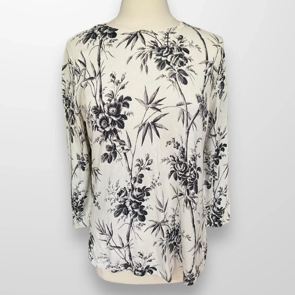 LOFT‎ XL Crew Neck Pullover Sweater Tunic Top Lightweight Cream Black Floral